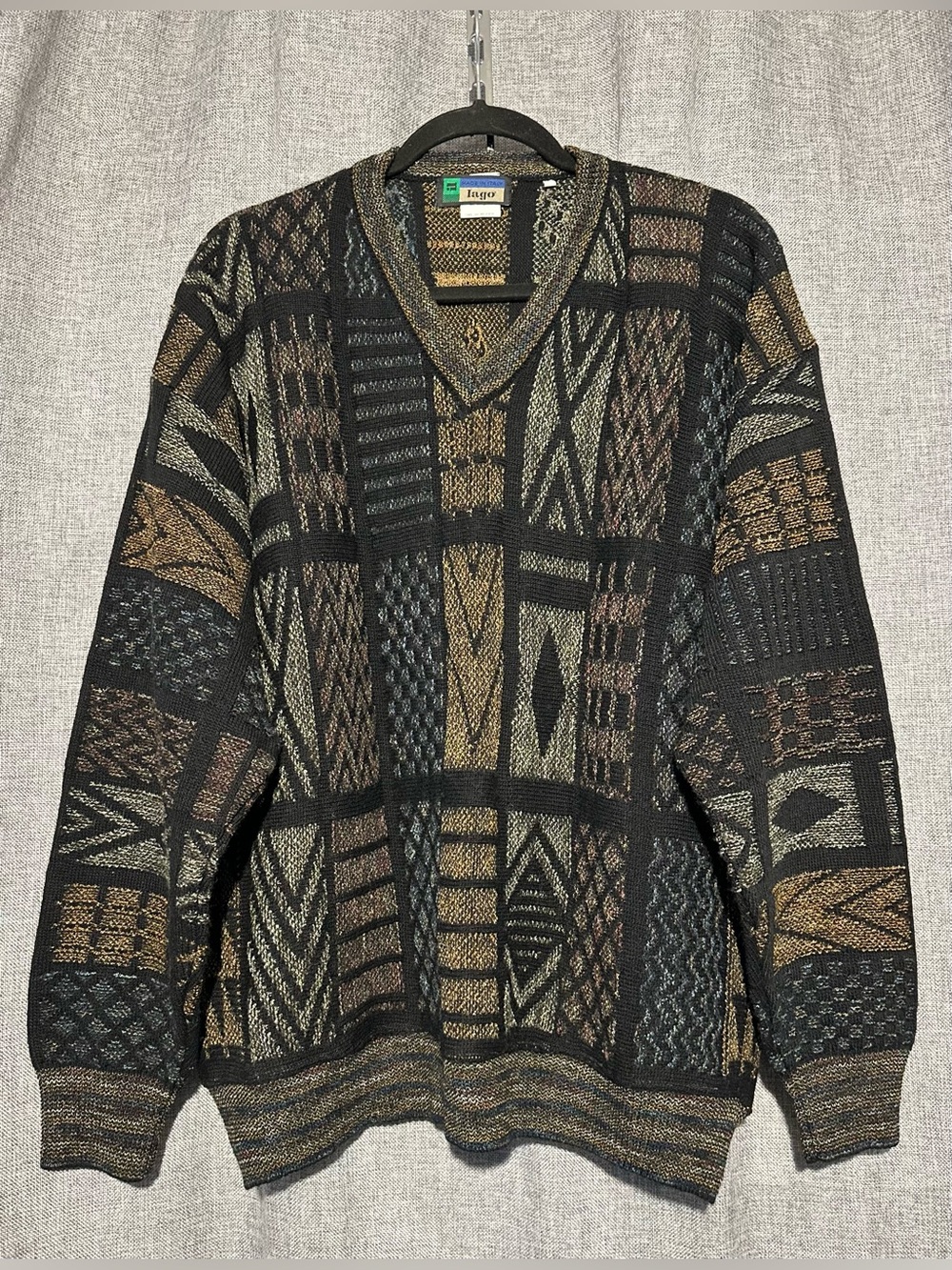 VTG Iago 90s Italian Wool Blend Coogi Style V-Neck 3D All Over Print Sweater, M